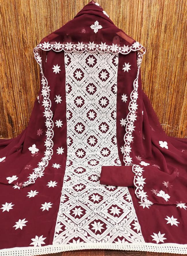 Georgette Maroon Casual Wear Multi Work Dress Material